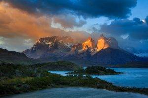 landscape, Nature, Sunrise, Mountain, Lake, Clouds, Chile, Torres Del Paine, Snowy Peak, Shrubs, Sunlight, Trees