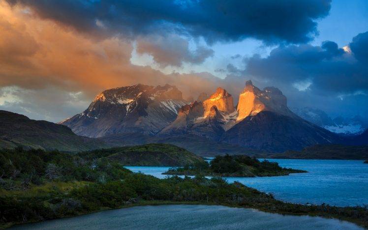landscape, Nature, Sunrise, Mountain, Lake, Clouds, Chile, Torres Del Paine, Snowy Peak, Shrubs, Sunlight, Trees HD Wallpaper Desktop Background