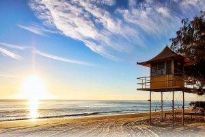 nature, Landscape, Beach, Sunrise, Lifeguard Stands, Sea, Australia, Trees, Sand, Clouds