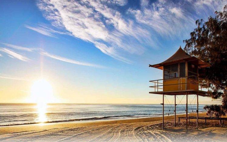 nature, Landscape, Beach, Sunrise, Lifeguard Stands, Sea, Australia, Trees, Sand, Clouds HD Wallpaper Desktop Background