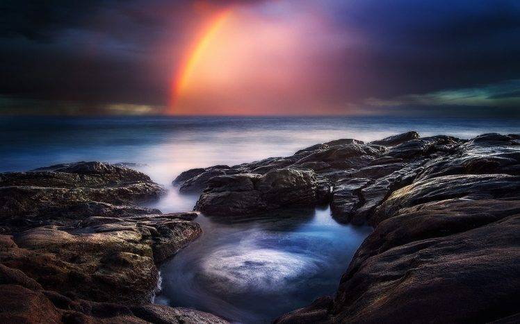 nature, Landscape, Rock, Rainbows, Clouds, Sea, Colorful, Coast, Water HD Wallpaper Desktop Background