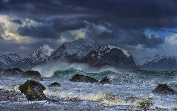 nature, Landscape, Sea, Waves, Mountain, Coast, Wind, Clouds, Snowy Peak, Rock, Beach, Norway HD Wallpaper Desktop Background