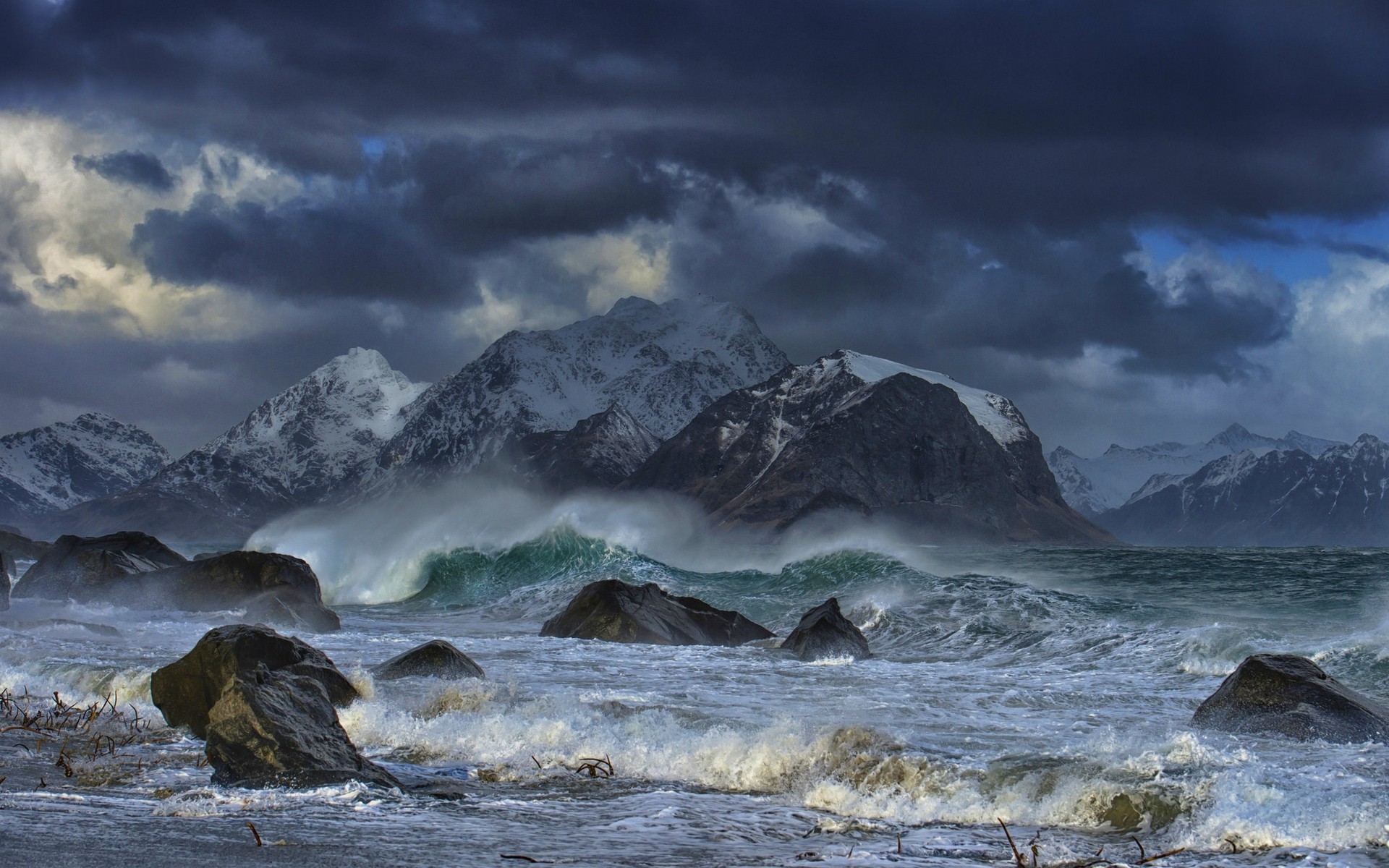 nature, Landscape, Sea, Waves, Mountain, Coast, Wind, Clouds, Snowy Peak, Rock, Beach, Norway Wallpaper