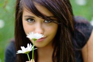 face, Eyes, Women, Brunette, Flowers, White Flowers