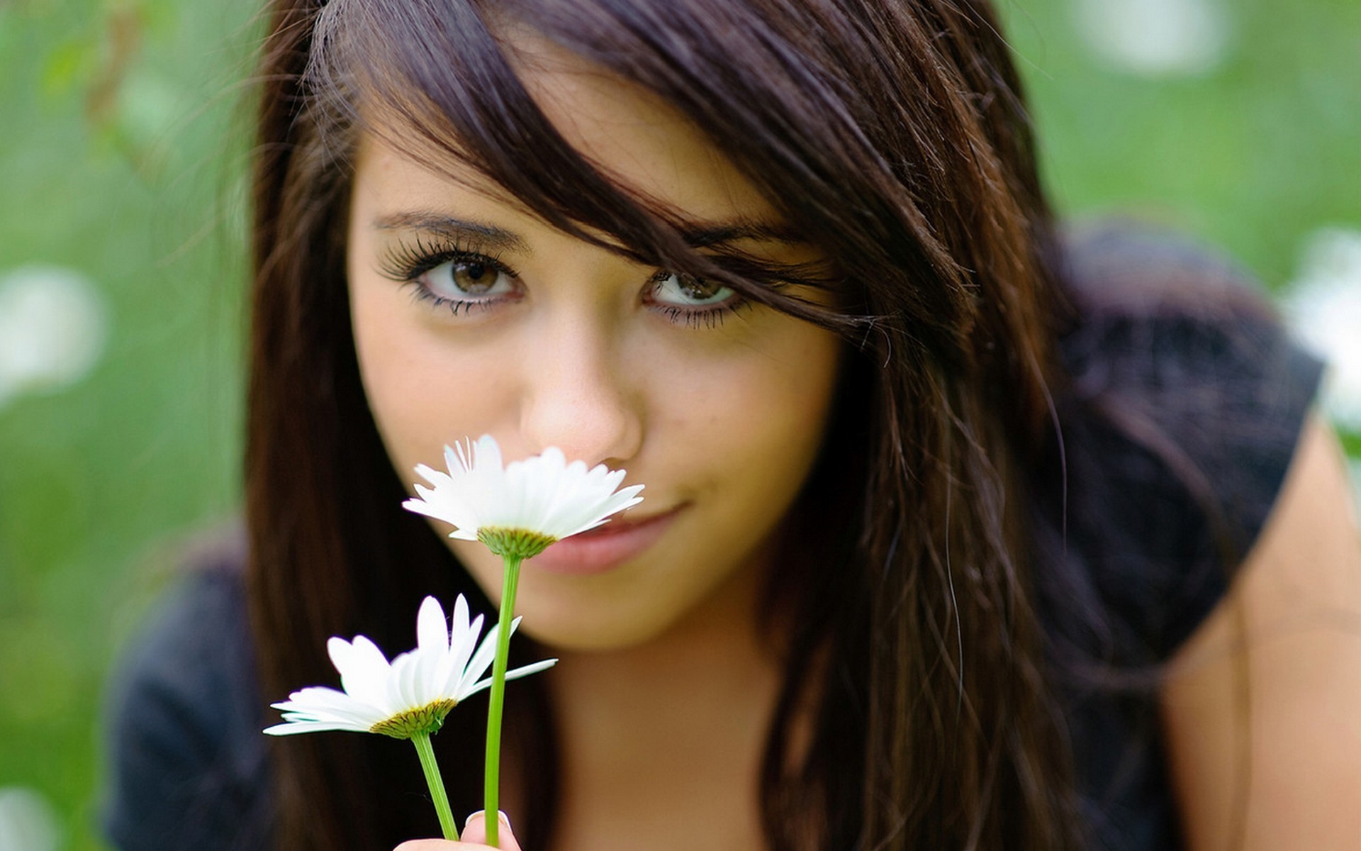face, Eyes, Women, Brunette, Flowers, White Flowers Wallpaper