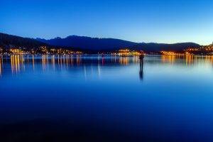 landscape, Nature, Evening, Clear Sky, Calm, Lake, Lights, Town, Hill, Reflection