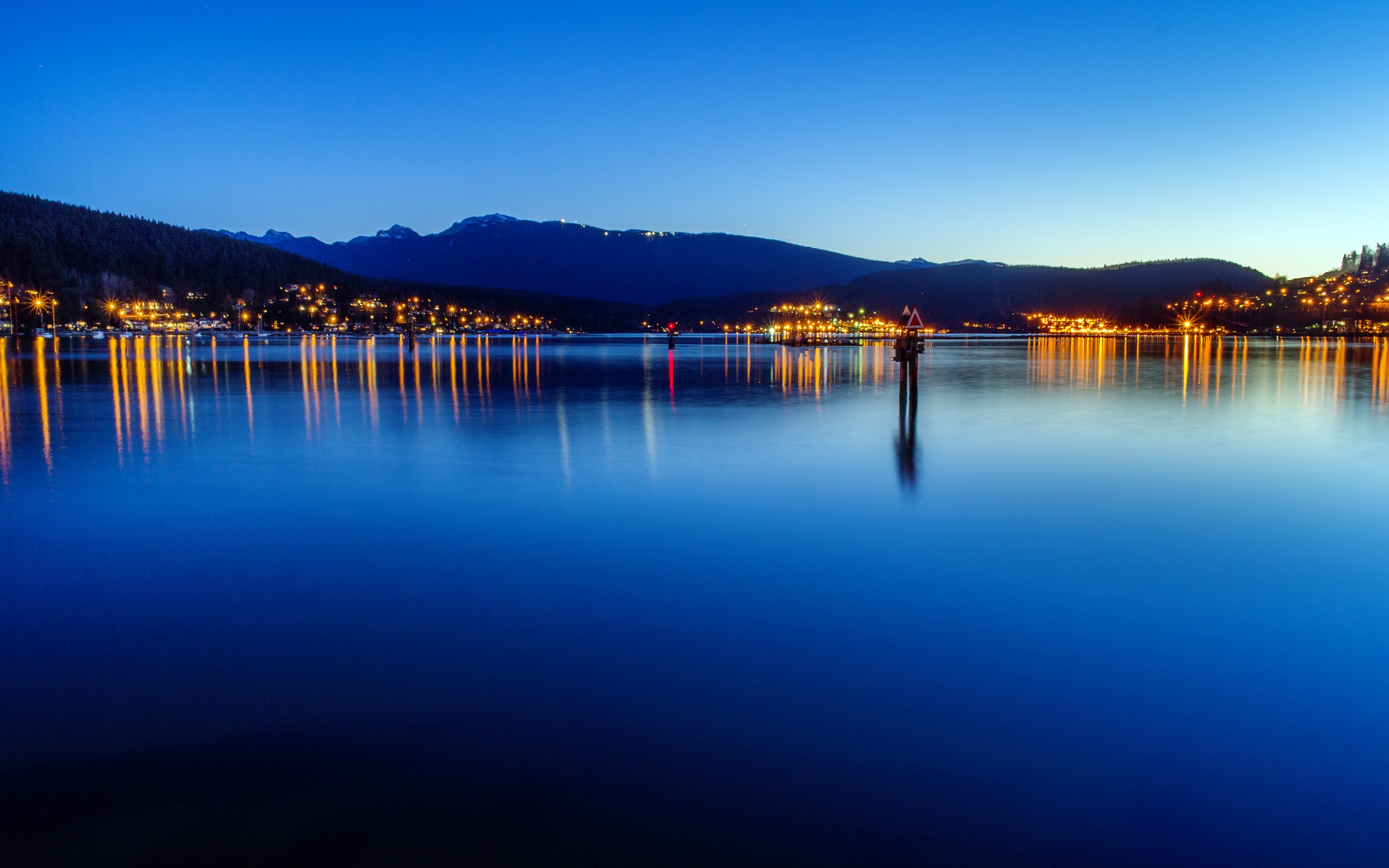 landscape, Nature, Evening, Clear Sky, Calm, Lake, Lights, Town, Hill, Reflection Wallpaper
