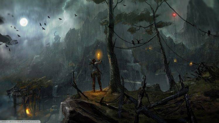 Tomb Raider, Lara Croft, Rain, Moon, Crow HD Wallpaper Desktop Background