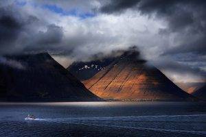 nature, Landscape, Sunset, Mountain, Clouds, Sea, Boat, Coast, Iceland