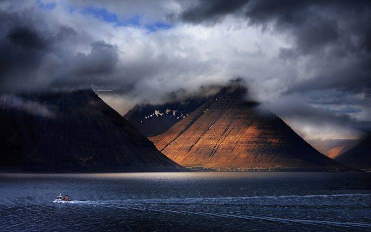 nature, Landscape, Sunset, Mountain, Clouds, Sea, Boat, Coast, Iceland HD Wallpaper Desktop Background