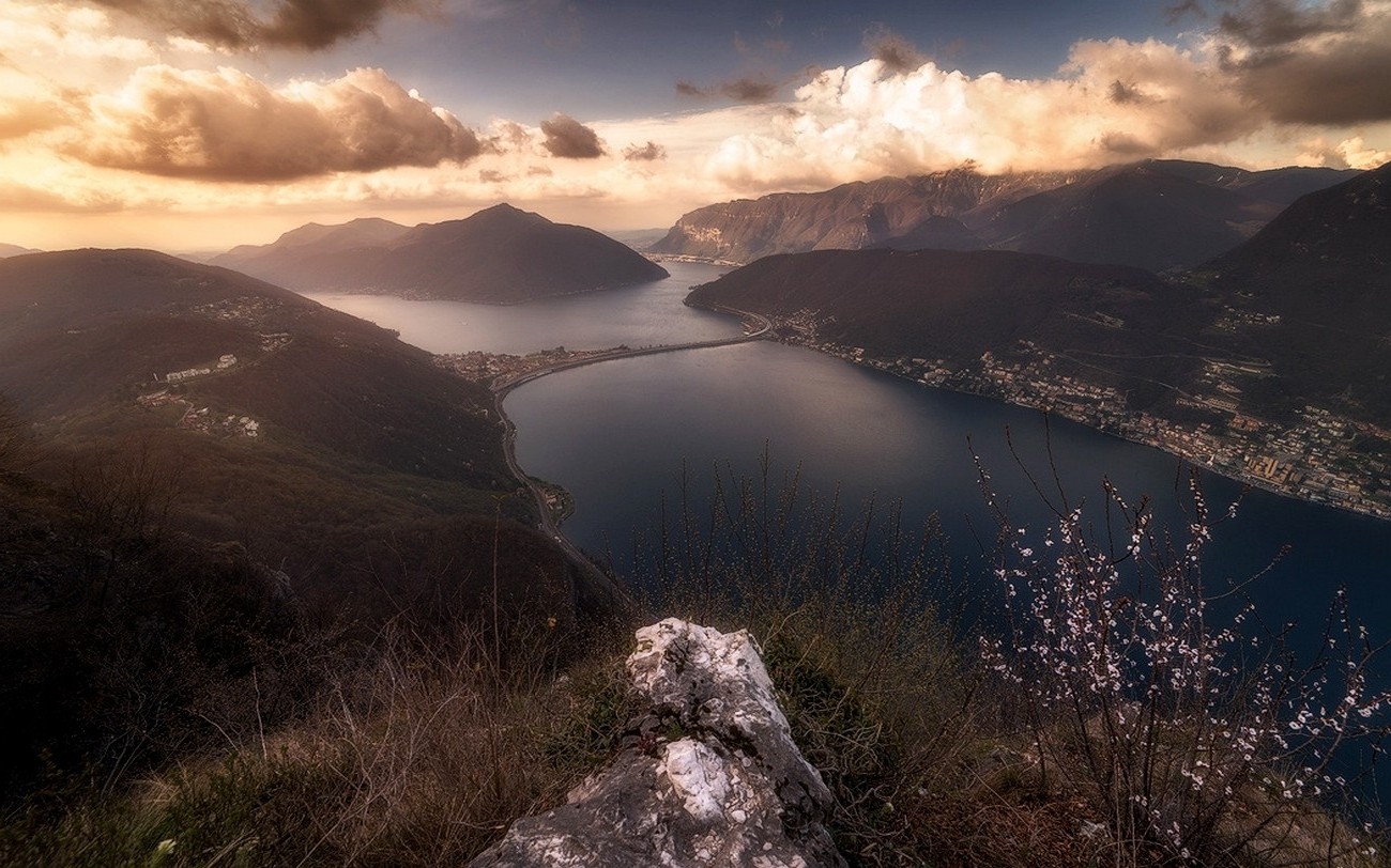 nature, Landscape, Sunset, Lake, Cityscape, Mountain, Clouds, Grass, Blossom, Switzerland Wallpaper