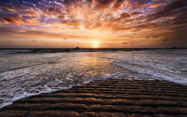 nature, Landscape, High Tide, Sunset, Sea, Clouds, Pavers HD Wallpaper Desktop Background