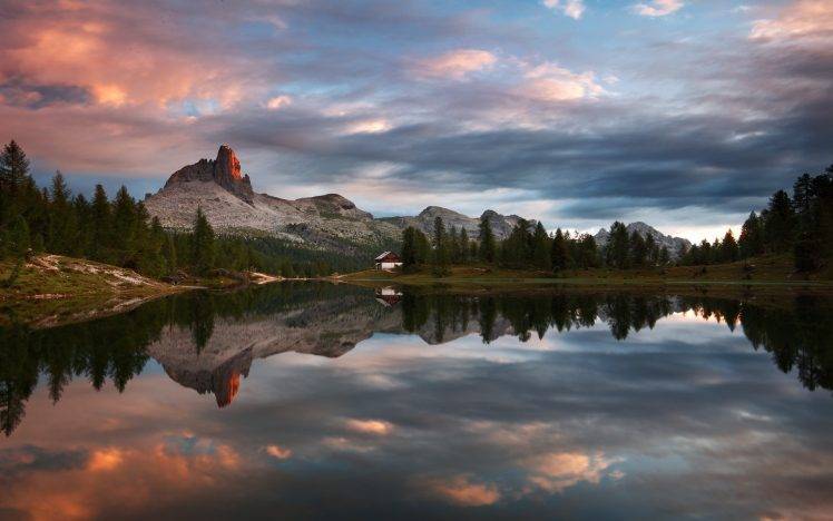 nature, Landscape, Sunset, Mountain, Lake, Forest, Cabin, Clouds, Summer, Reflection, Water HD Wallpaper Desktop Background