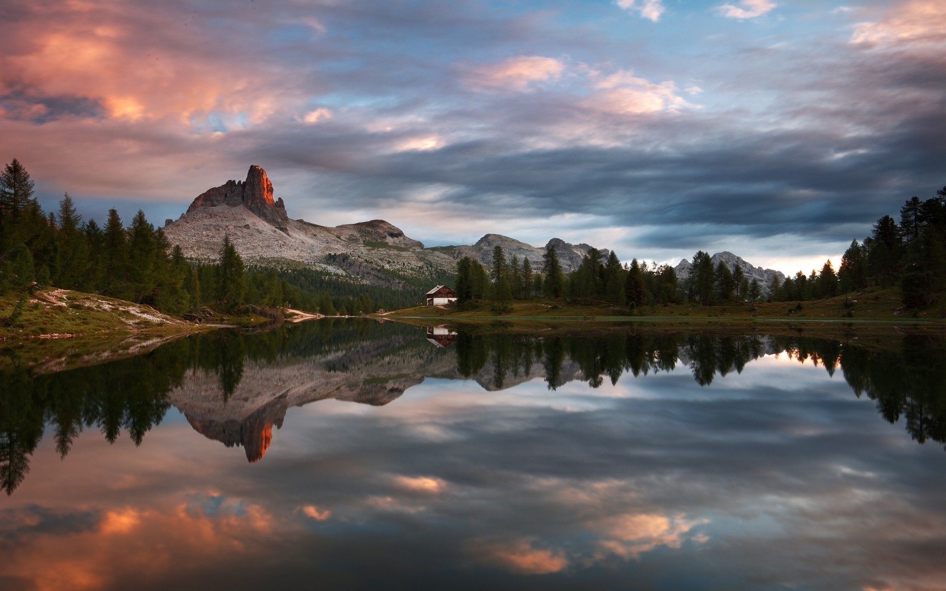 nature, Landscape, Sunset, Mountain, Lake, Forest, Cabin, Clouds, Summer, Reflection, Water Wallpaper