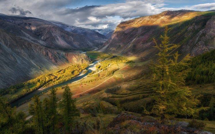nature, Landscape, Valley, Mountain, Forest, River, Clouds, Summer HD Wallpaper Desktop Background