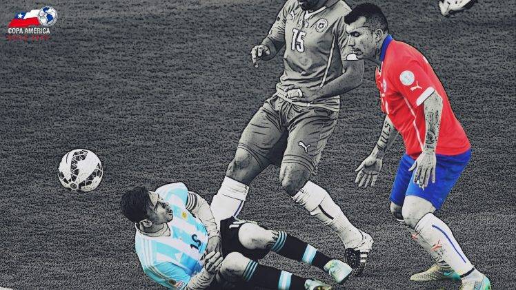 Copa America, Lionel Messi, Gary Medel, Soccer, Selective Coloring HD Wallpaper Desktop Background