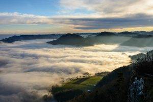 nature, Landscape, Mist, Valley, Austria, Mountain, Clouds, Sunrise, Field, Morning, Shrubs