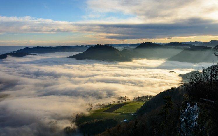 nature, Landscape, Mist, Valley, Austria, Mountain, Clouds, Sunrise, Field, Morning, Shrubs HD Wallpaper Desktop Background