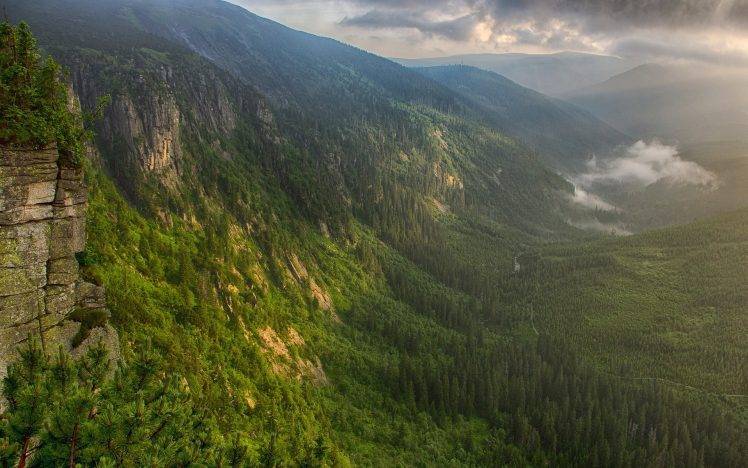 nature, Landscape, Valley, Mountain, Forest, Mist, Clouds, Sunset HD Wallpaper Desktop Background