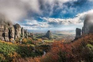 nature, Landscape, Greece, Valley, Fall, Clouds, Rock, Forest, Road, Mist, Mountain