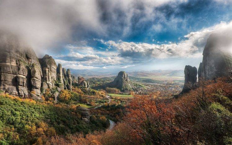 nature, Landscape, Greece, Valley, Fall, Clouds, Rock, Forest, Road, Mist, Mountain HD Wallpaper Desktop Background