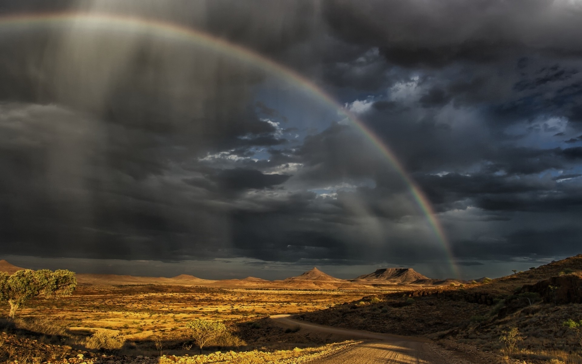 nature, Landscape, Rainbows, Clouds, Road, Sunset, Namibia, Hill, Steppe Wallpaper