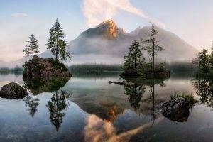 nature, Landscape, Lake, Sunrise, Mist, Forest, Trees, Reflection, Water, Mountain