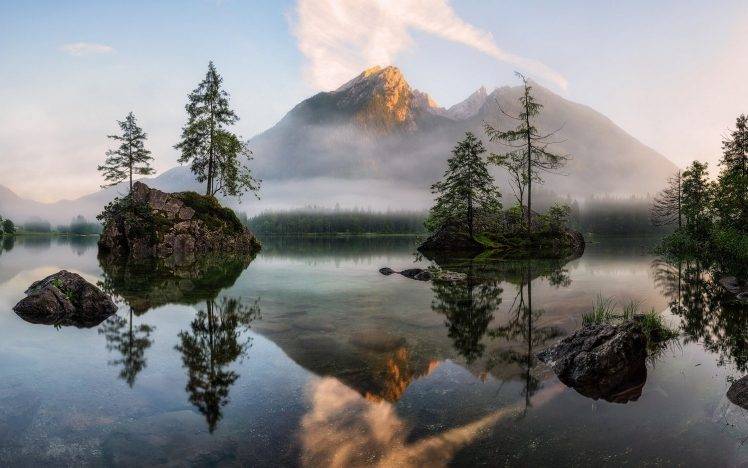 nature, Landscape, Lake, Sunrise, Mist, Forest, Trees, Reflection, Water, Mountain HD Wallpaper Desktop Background