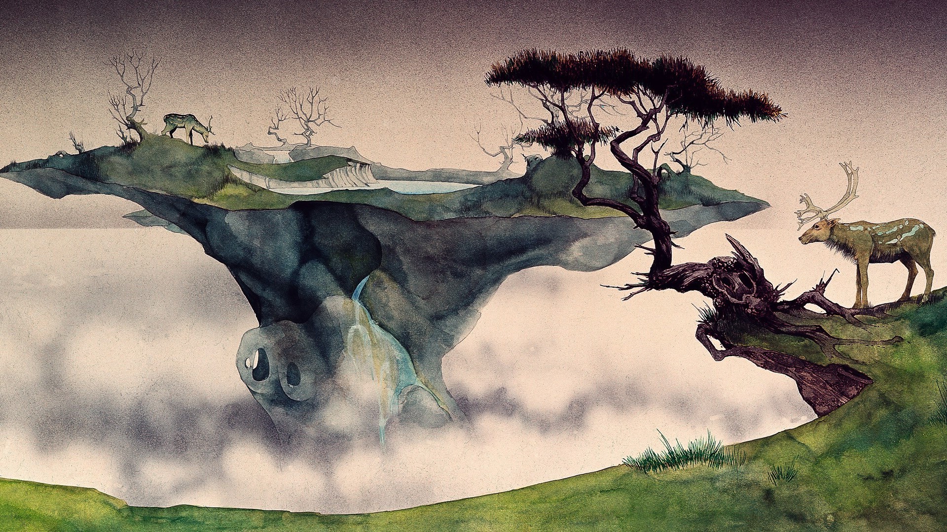 fantasy Art, Floating Island, Nature, Animals, Deer, Trees, Mist, Lake, Painting, Watercolor, Ink, Roger Dean Wallpaper