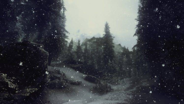 artwork, Nature, Snow, Trees, Depth Of Field, The Elder Scrolls V: Skyrim, Video Games HD Wallpaper Desktop Background