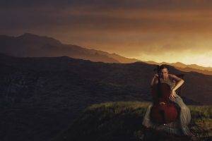 women, Landscape, Cello