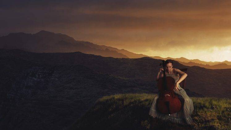 women, Landscape, Cello HD Wallpaper Desktop Background