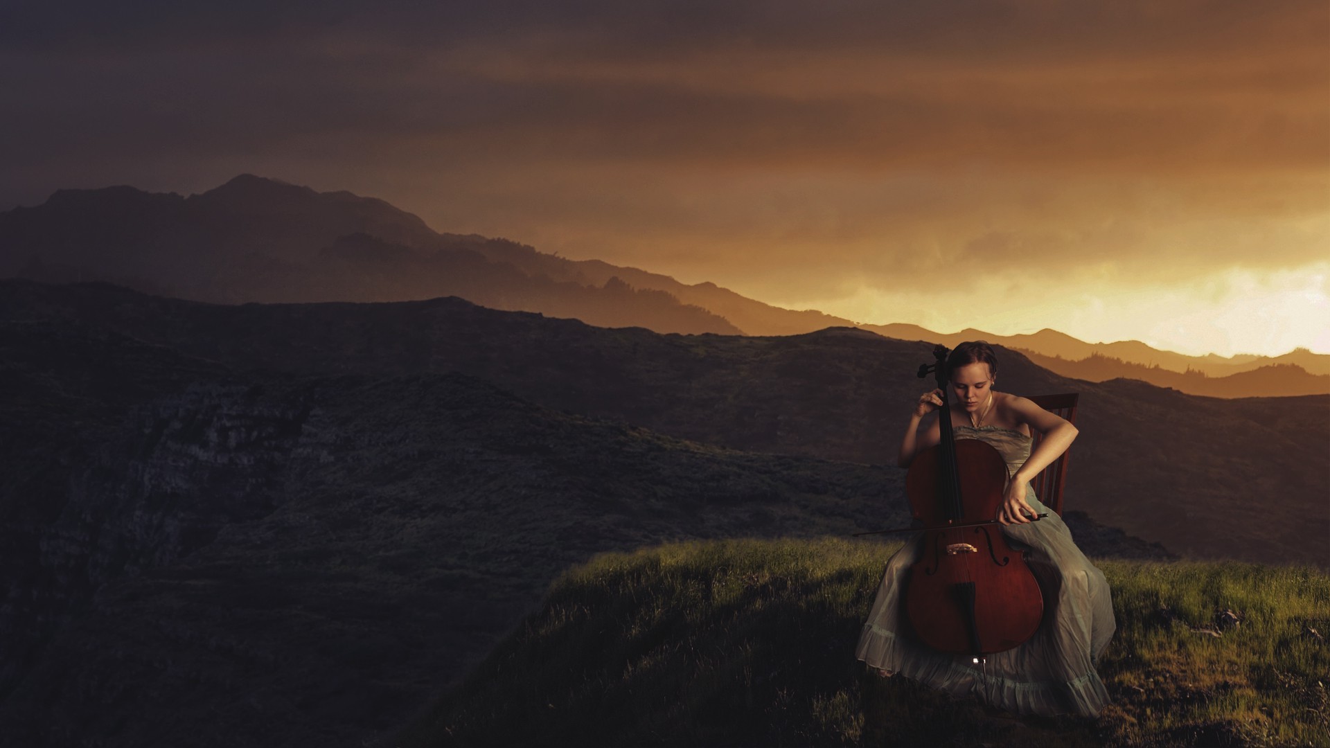 women, Landscape, Cello Wallpaper