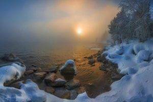 nature, Landscape, Winter, Lake, Russia, Snow, Forest, Mist, Sunrise, Cold, Trees