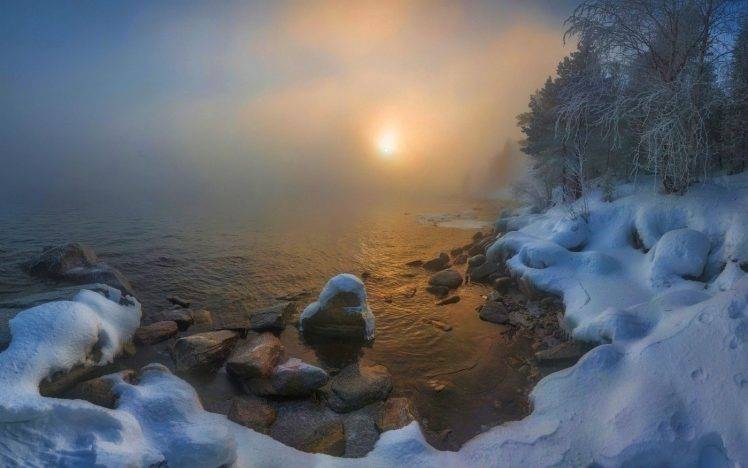 nature, Landscape, Winter, Lake, Russia, Snow, Forest, Mist, Sunrise, Cold, Trees HD Wallpaper Desktop Background