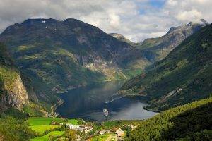 landscape, Nature, Mountain, Norway, Cruise Ship, Forest, Villages, Hotels, Summer, Clouds, Water