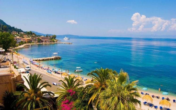 landscape, Nature, Beach, Town, Road, Sea, Palm Trees, Summer, Dock, Greece HD Wallpaper Desktop Background
