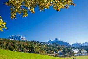 landscape, Nature, Germany, Lake, Mountain, Forest, Grass, Leaves, Fall, Snowy Peak