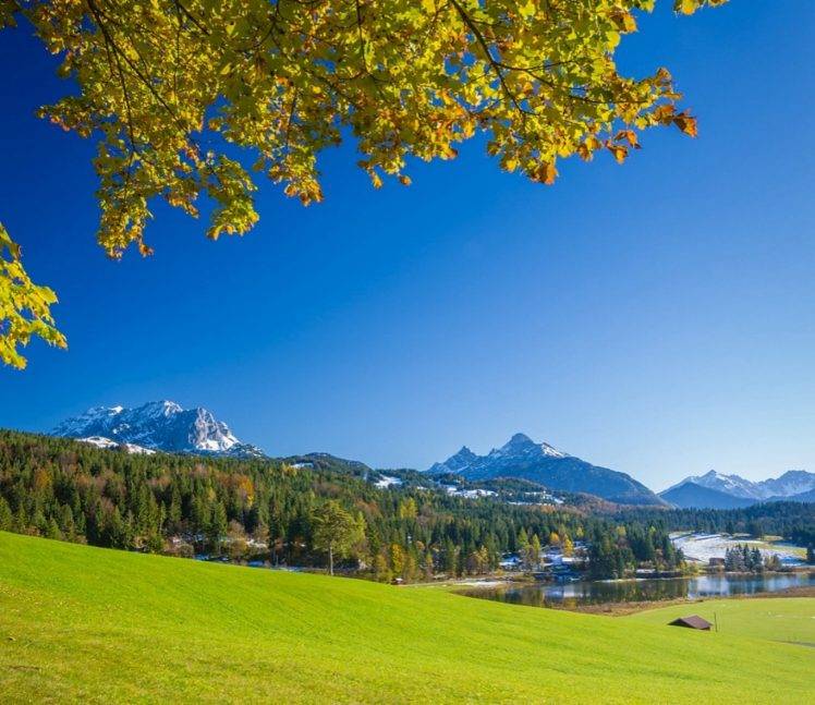 landscape, Nature, Germany, Lake, Mountain, Forest, Grass, Leaves, Fall, Snowy Peak HD Wallpaper Desktop Background