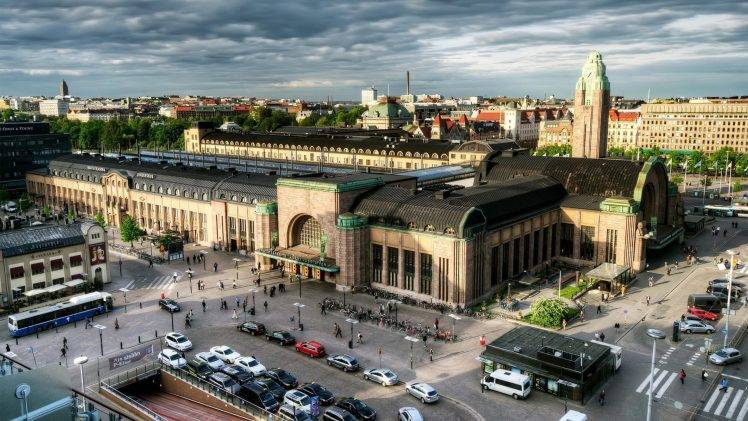 architecture, Cityscape, City, Capital, Building, Street, Car, Helsinki, Finland, Train Station, Tower, Old Building, Crowds, Tunnel, Clouds, Birds Eye View HD Wallpaper Desktop Background