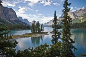 nature, Landscape, Mountain, Trees, Forest, Water, Lake, Clouds, Reflection, Canada, Pine Trees, Island