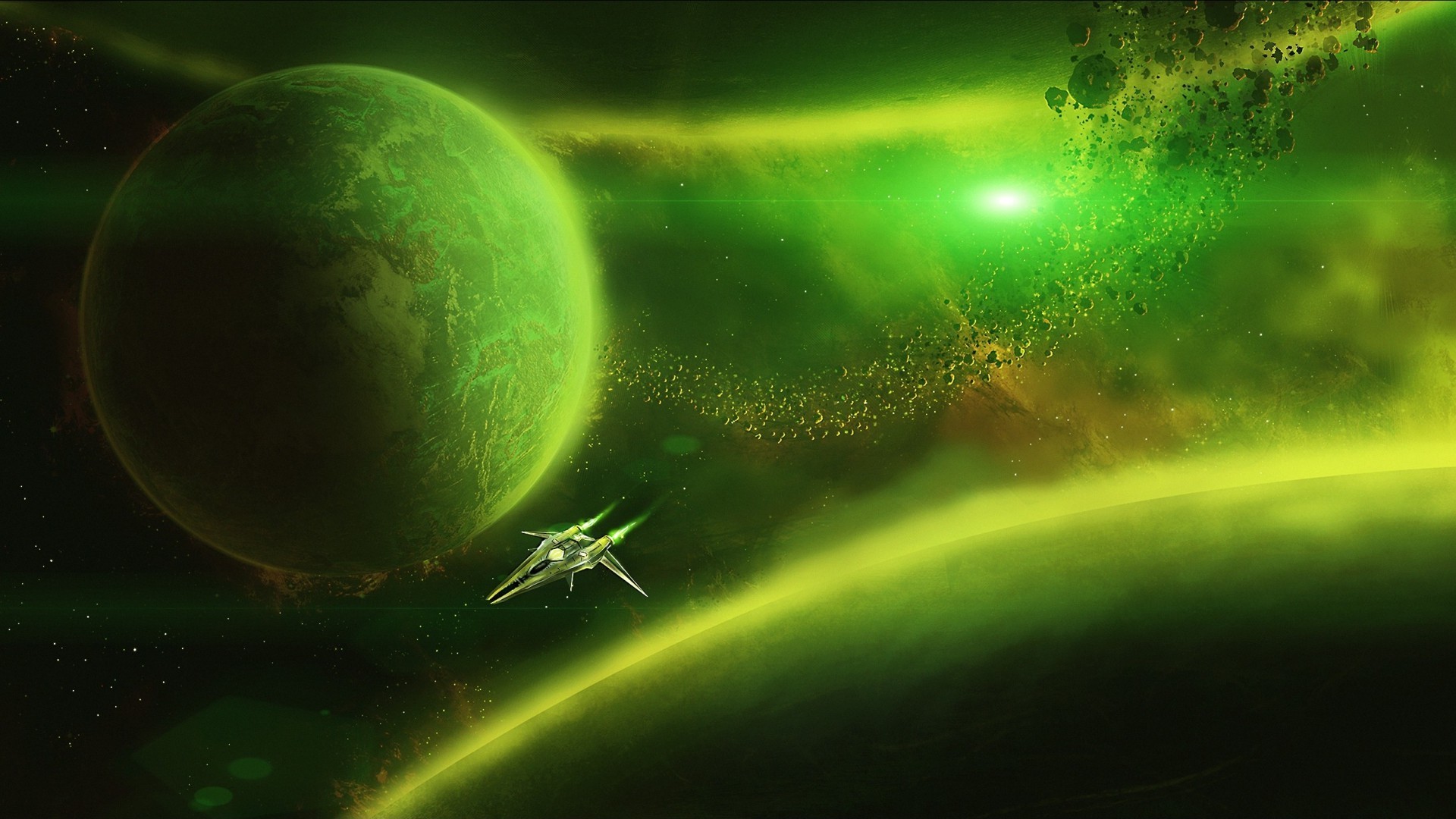 digital Art, Universe, Space, Planet, Stars, Spaceship, Meteors, Lights, Green Wallpaper