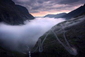nature, Landscape, Road, Mist, Mountain, Clouds, Valley, River, Sunrise, Norway