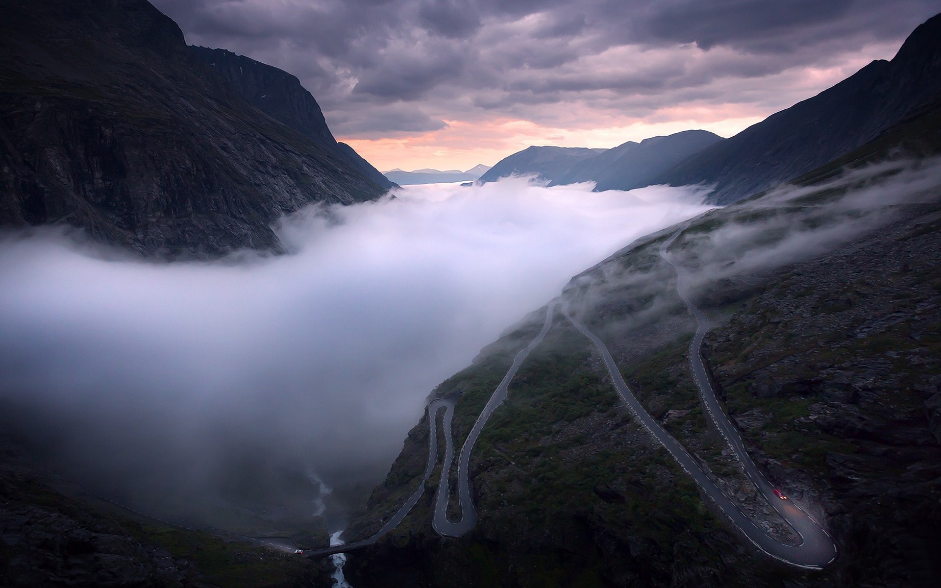 nature, Landscape, Road, Mist, Mountain, Clouds, Valley, River, Sunrise, Norway Wallpaper