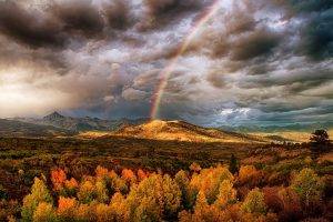 nature, Landscape, Rainbows, Mountain, Fall, Clouds, Trees, Colorful