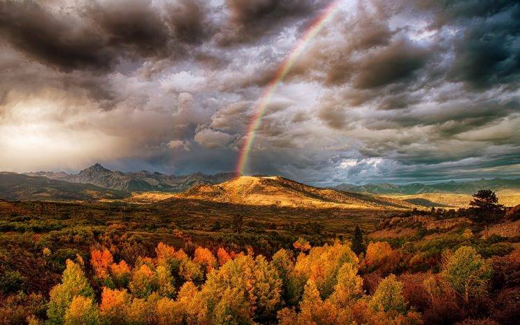 nature, Landscape, Rainbows, Mountain, Fall, Clouds, Trees, Colorful HD Wallpaper Desktop Background