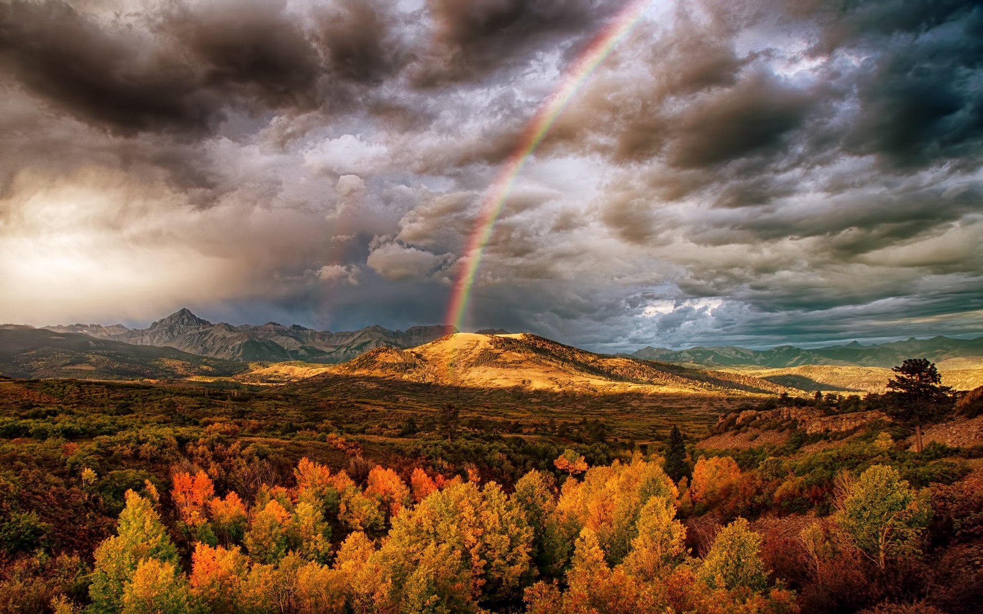 nature, Landscape, Rainbows, Mountain, Fall, Clouds, Trees, Colorful Wallpaper