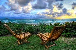 nature, Landscape, Chair, Beach, Lawns, Garden, Sunset, Sea, Clouds, Plants, Summer, HDR