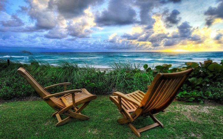 nature, Landscape, Chair, Beach, Lawns, Garden, Sunset, Sea, Clouds, Plants, Summer, HDR HD Wallpaper Desktop Background