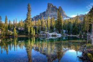 nature, Landscape, Idaho, Lake, Sunrise, Reflection, Water, Mountain, Forest, Blue, Trees, Calm, HDR